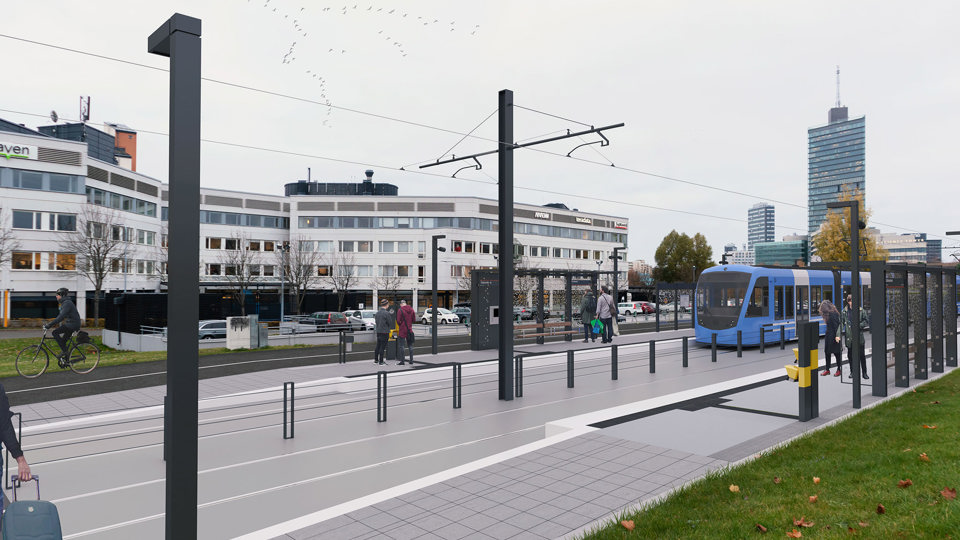  Vy över hållplats Ärvinge med inkommande tåg. Människor på plattformen. Kista front syns i bakgrunden. Illustration
